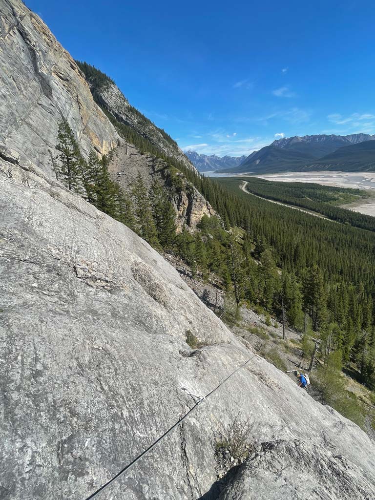 Looking down from P1 belay and across the valley at Starstruck Buttress